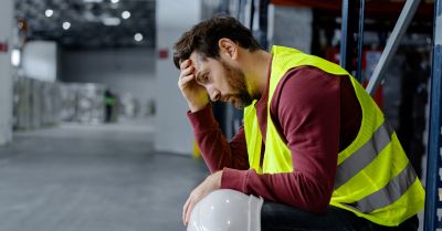 Construction worker sitting with his head in his hand