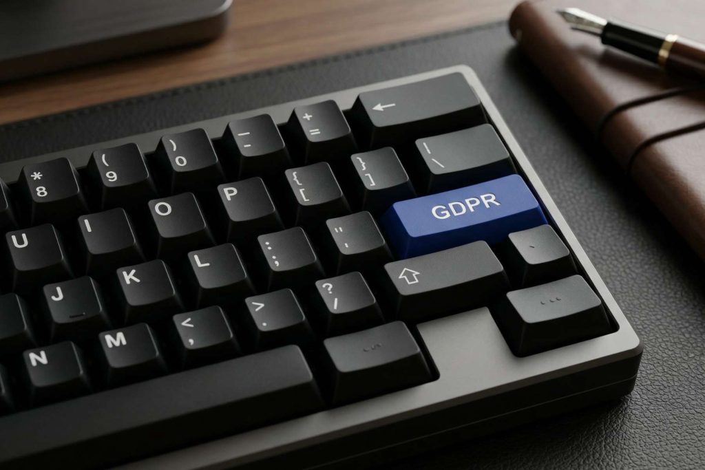 Keyboard with a GDPR key beside a legal gavel