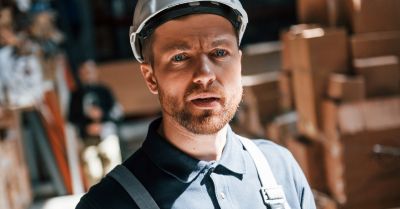 Warehouse worker wearing protective equipment
